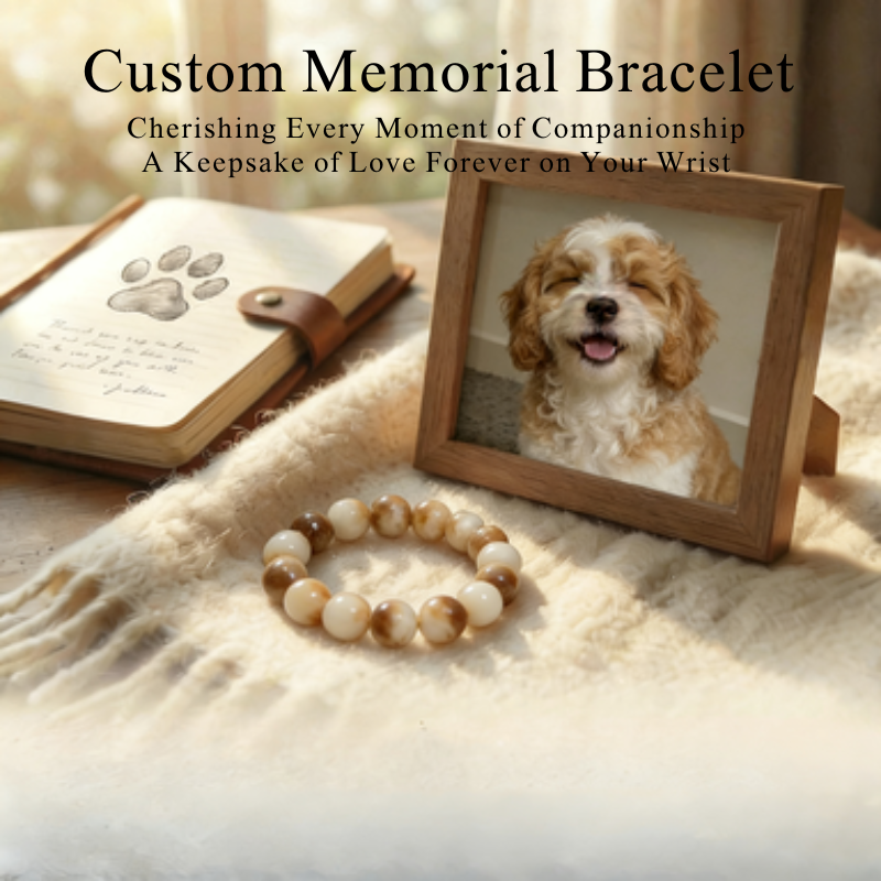 Personalized golden dog memorial bracelet with natural stone beads, a keepsake to remember your beloved pet.