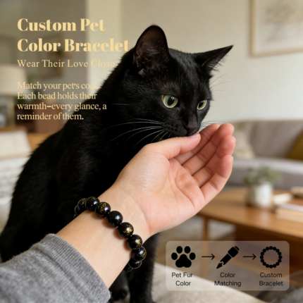 Personalized black cat memorial bracelet with natural stone beads, a keepsake to remember your beloved pet.