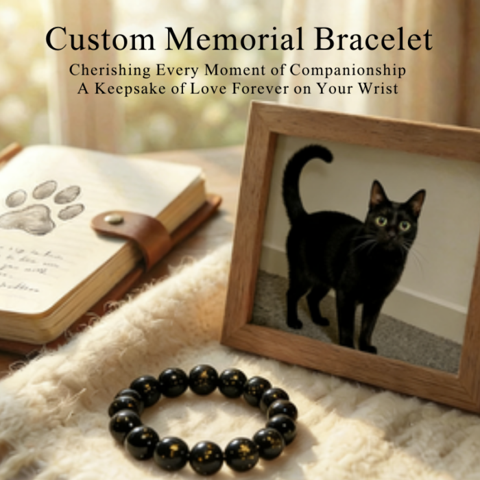 cat-pet-memorial-bracelet-black-002 Personalized black cat memorial bracelet with natural stone beads, a keepsake to remember your beloved pet.