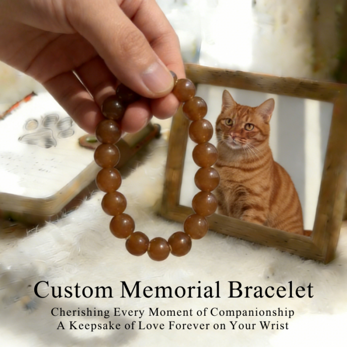 cat-pet-memorial-bracelet-caramel-002 Personalized caramel dog memorial bracelet with natural stone beads, a keepsake to remember your beloved pet.