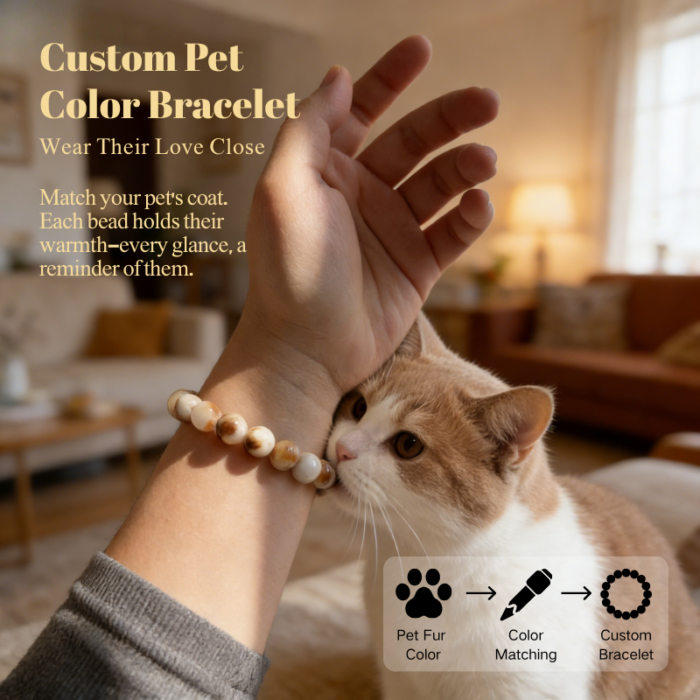 cat-pet-memorial-bracelet-cream-001 Personalized cream cat memorial bracelet with natural stone beads, a keepsake to remember your beloved pet.