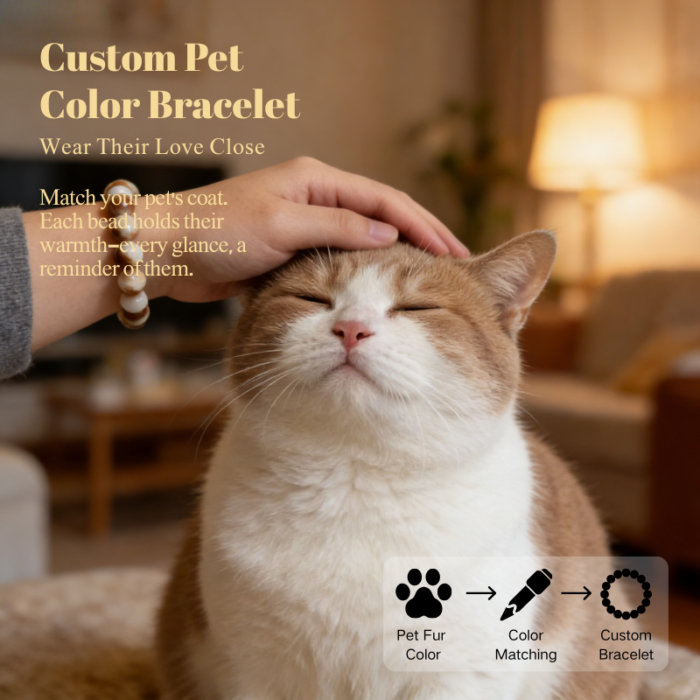 cat-pet-memorial-bracelet-cream-003 Personalized cream cat memorial bracelet with natural stone beads, a keepsake to remember your beloved pet.