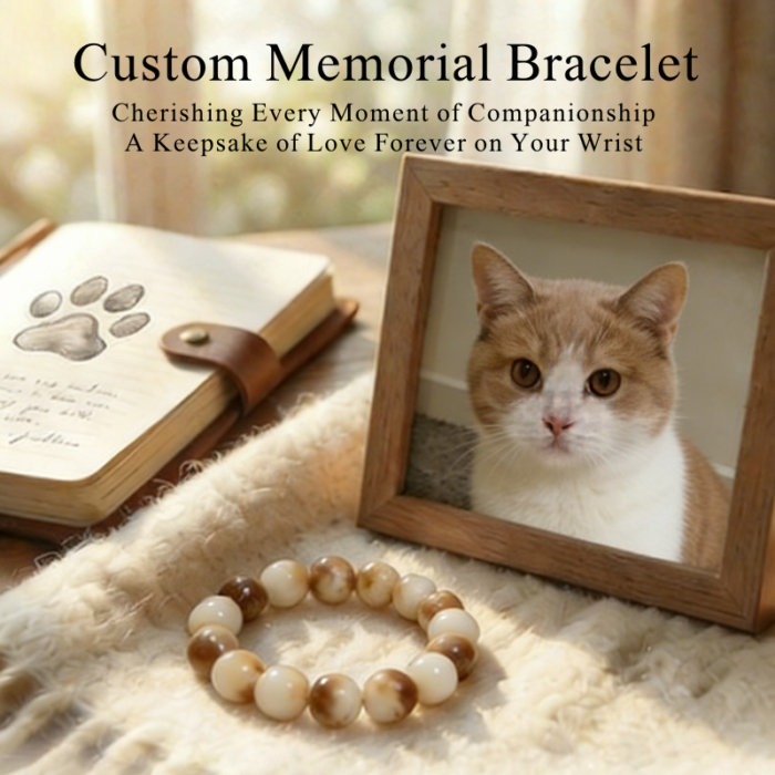 cat-pet-memorial-bracelet-cream-004 Personalized cream cat memorial bracelet with natural stone beads, a keepsake to remember your beloved pet.