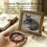 Personalized dark gray cat memorial bracelet with natural stone beads, a keepsake to remember your beloved pet.