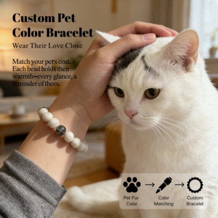 Personalized fringe cat memorial bracelet with natural stone beads, a keepsake to remember your beloved pet.