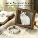 Personalized fringe cat memorial bracelet with natural stone beads, a keepsake to remember your beloved pet.