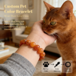 Personalized gold orange cat memorial bracelet with natural stone beads, a keepsake to remember your beloved pet.