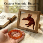 Personalized gold orange cat memorial bracelet with natural stone beads, a keepsake to remember your beloved pet.