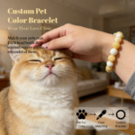 Personalized golden cat memorial bracelet with natural stone beads, a keepsake to remember your beloved pet.