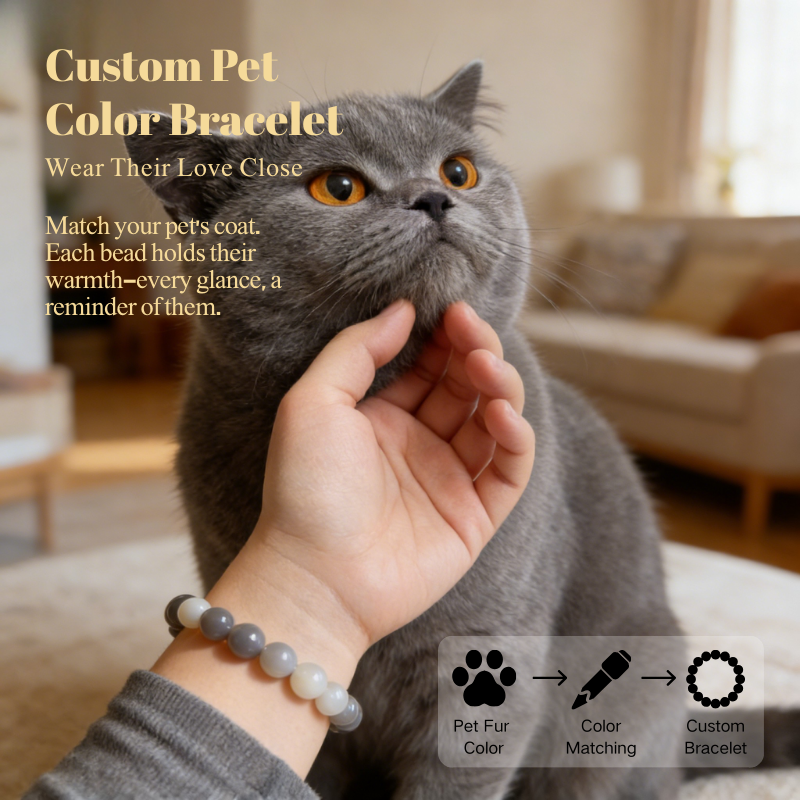 cat-pet-memorial-bracelet-gray-blue-001 Personalized gray blue cat memorial bracelet with natural stone beads, a keepsake to remember your beloved pet.