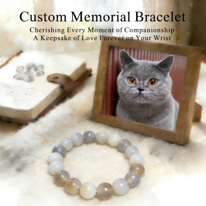 cat-pet-memorial-bracelet-gray-blue-002 Personalized gray blue cat memorial bracelet with natural stone beads, a keepsake to remember your beloved pet.