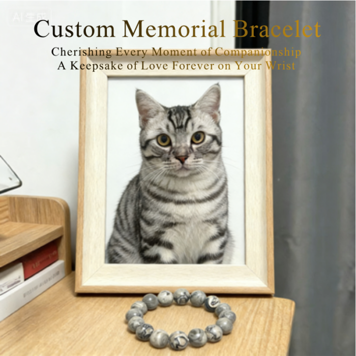 Personalized gray snow cat memorial bracelet with natural stone beads, a keepsake to remember your beloved pet.