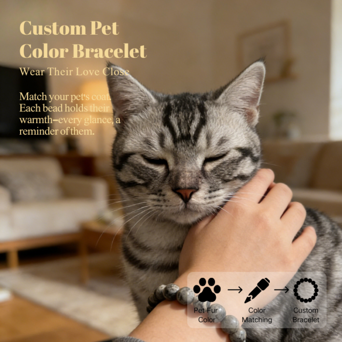 Personalized gray snow cat memorial bracelet with natural stone beads, a keepsake to remember your beloved pet.