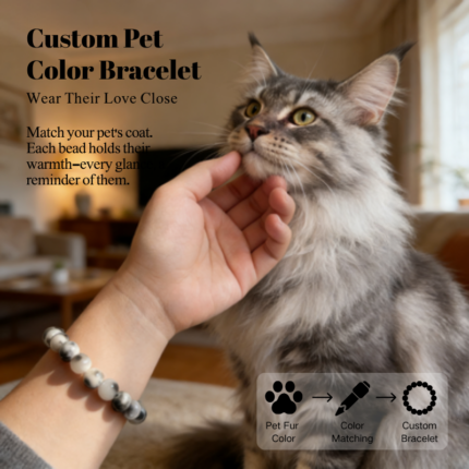 Personalized maine coon cat memorial bracelet with natural stone beads, a keepsake to remember your beloved pet.