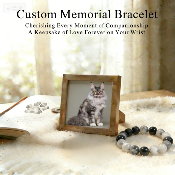 Personalized maine coon cat memorial bracelet with natural stone beads, a keepsake to remember your beloved pet.