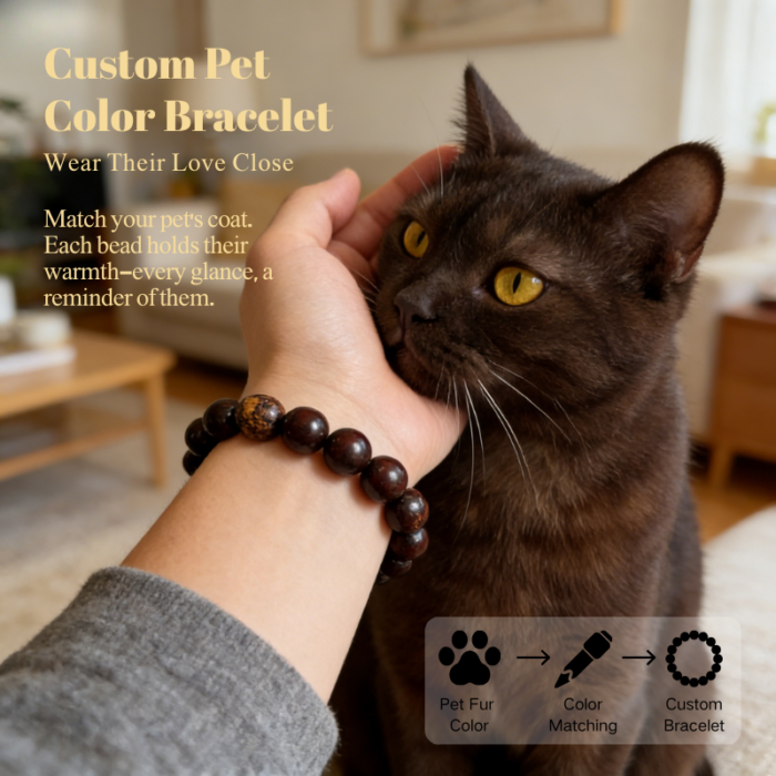 Personalized red brown cat memorial bracelet with natural stone beads, a keepsake to remember your beloved pet.