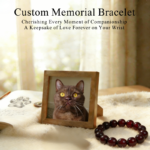 Personalized red brown cat memorial bracelet with natural stone beads, a keepsake to remember your beloved pet.