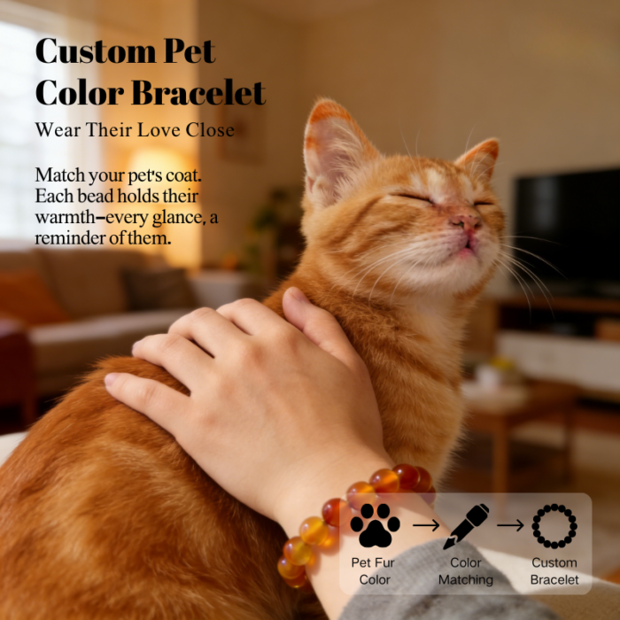 Personalized red orange cat memorial bracelet with natural stone beads, a keepsake to remember your beloved pet.