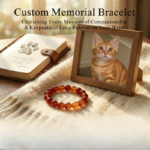 Personalized red orange cat memorial bracelet with natural stone beads, a keepsake to remember your beloved pet.