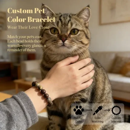 Personalized tabby cat memorial bracelet with natural stone beads, a keepsake to remember your beloved pet.