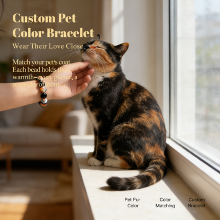 Personalized tortie cat memorial bracelet with natural stone beads, a keepsake to remember your beloved pet.