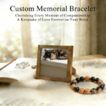 Personalized tortie cat memorial bracelet with natural stone beads, a keepsake to remember your beloved pet.