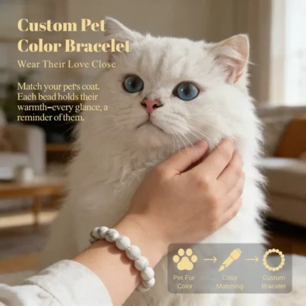 Personalized white cat memorial bracelet with natural stone beads, a keepsake to remember your beloved pet.