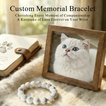Personalized white cat memorial bracelet with natural stone beads, a keepsake to remember your beloved pet.