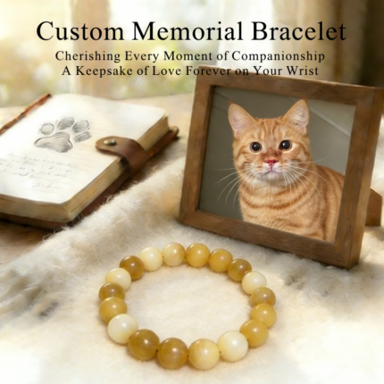 Personalized yellow cat memorial bracelet with natural stone beads, a keepsake to remember your beloved pet.