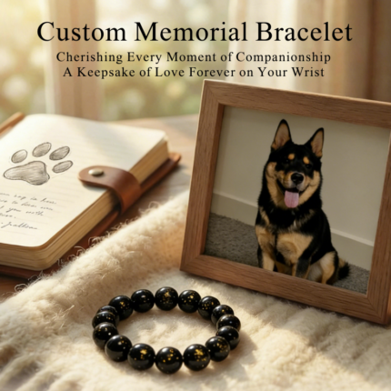 Personalized golden balck dog memorial bracelet with natural stone beads, a keepsake to remember your beloved pet.