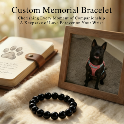 Personalized balck dog memorial bracelet with natural stone beads, a keepsake to remember your beloved pet.