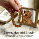 Personalized caramel dog memorial bracelet with natural stone beads, a keepsake to remember your beloved pet.
