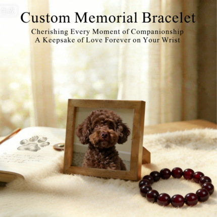 Personalized chocolate teddy dog memorial bracelet with natural stone beads, a keepsake to remember your beloved pet.