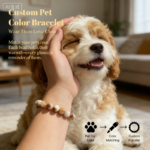 Personalized golden dog memorial bracelet with natural stone beads, a keepsake to remember your beloved pet.