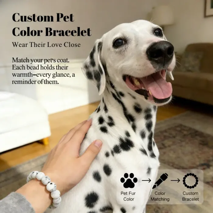 dog-pet-memorial-bracelet-dalmatian 001 Personalized dalmatian memorial bracelet with natural stone beads, a keepsake to remember your beloved pet.