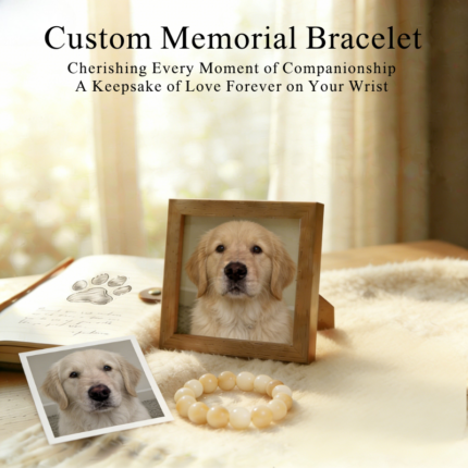 Personalized golden dog memorial bracelet with natural stone beads, a keepsake to remember your beloved pet.