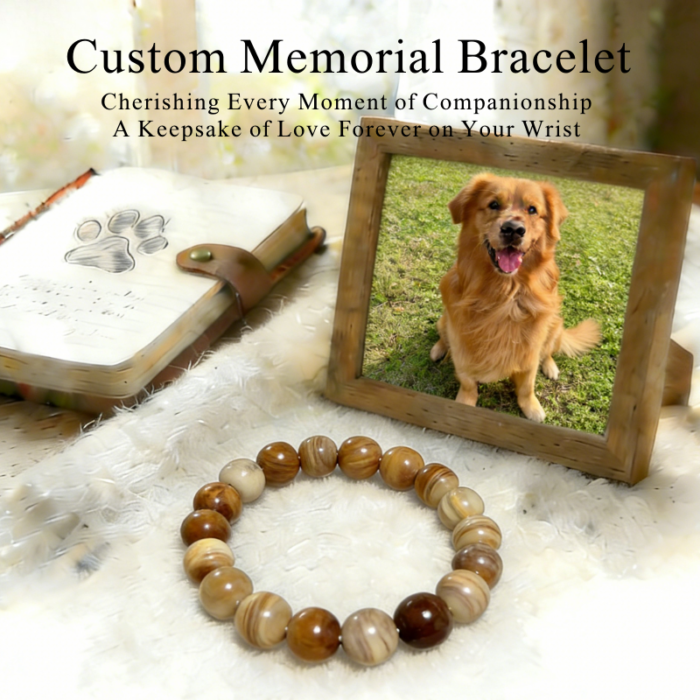 dog-pet-memorial-bracelet-golden-retriever-002 Personalized golden retriever memorial bracelet with natural stone beads, a keepsake to remember your beloved pet.