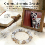 Personalized gray blue dog memorial bracelet with natural stone beads, a keepsake to remember your beloved pet.