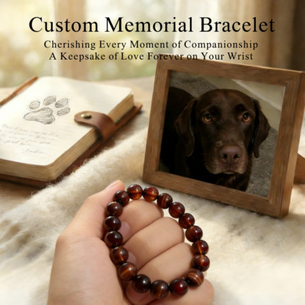 Personalized red brown labralador dog memorial bracelet with natural stone beads, a keepsake to remember your beloved pet.