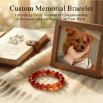 Personalized red orange dog memorial bracelet with natural stone beads, a keepsake to remember your beloved pet.