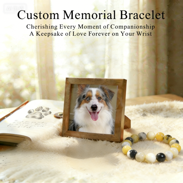 Personalized shetland sheepdog memorial bracelet with natural stone beads, a keepsake to remember your beloved pet.