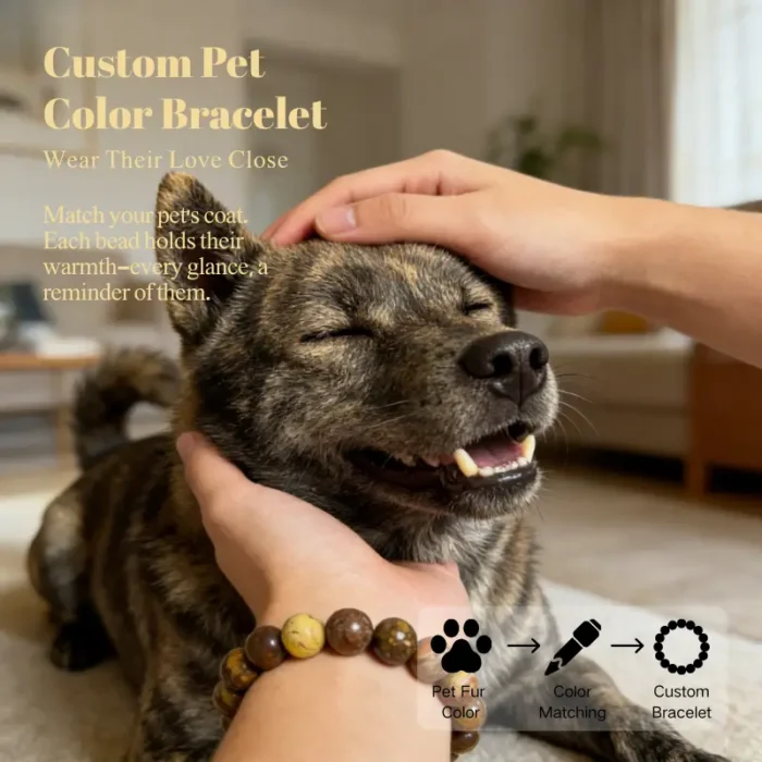 Personalized tabby dog memorial bracelet with natural stone beads, a keepsake to remember your beloved pet.