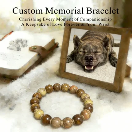 Personalized tabby dog memorial bracelet with natural stone beads, a keepsake to remember your beloved pet.