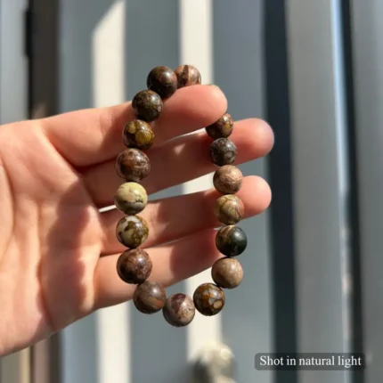 Personalized tabby dog memorial bracelet with natural stone beads, a keepsake to remember your beloved pet.