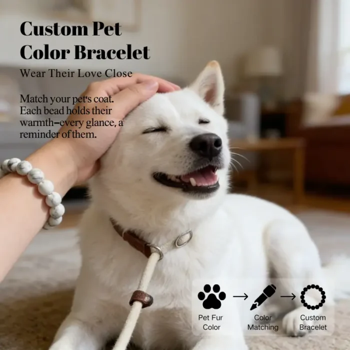 dog-pet-memorial-bracelet-white-001 Personalized white dog memorial bracelet with natural stone beads, a keepsake to remember your beloved pet.