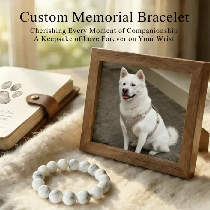 dog-pet-memorial-bracelet-white-002 Personalized white dog memorial bracelet with natural stone beads, a keepsake to remember your beloved pet.