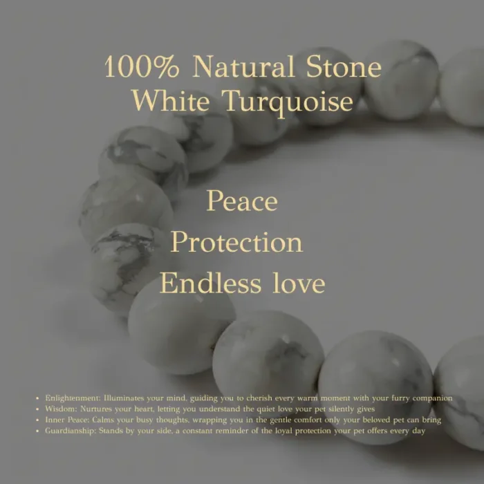 Personalized white dog memorial bracelet with natural stone beads, a keepsake to remember your beloved pet.