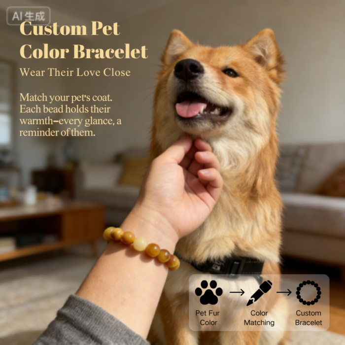dog-pet-memorial-bracelet-yellow-001 Personalized yellow dog memorial bracelet with natural stone beads, a keepsake to remember your beloved pet.