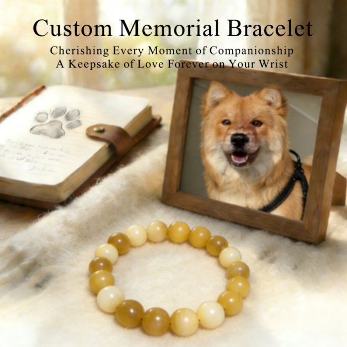 dog-pet-memorial-bracelet-yellow-002 Personalized yellow dog memorial bracelet with natural stone beads, a keepsake to remember your beloved pet.