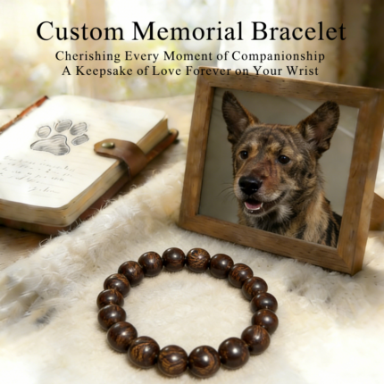 Personalized yellow brown tabby dog memorial bracelet with natural stone beads, a keepsake to remember your beloved pet.